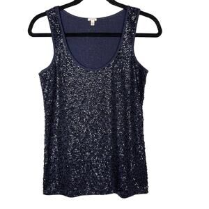J Crew Womens XXS Navy Blue Sequin Scoop Neck Tank Top Cotton Blouse 2XS